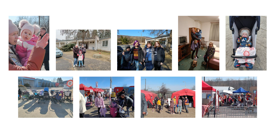 Collage of Ukrainian refugees at Slovakian border 