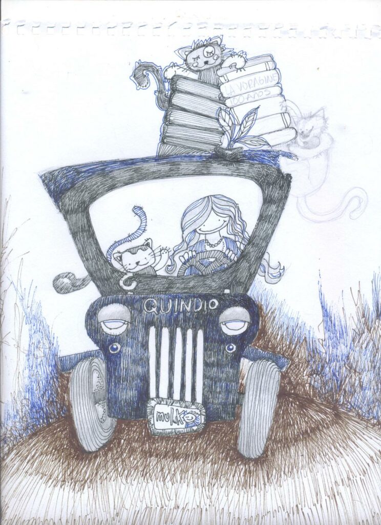 drawing of person and cats in an old car